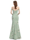 Elegant Off Shoulder Mermaid Side Slit Floral Satin Maxi Floral Formal Dresses For Women