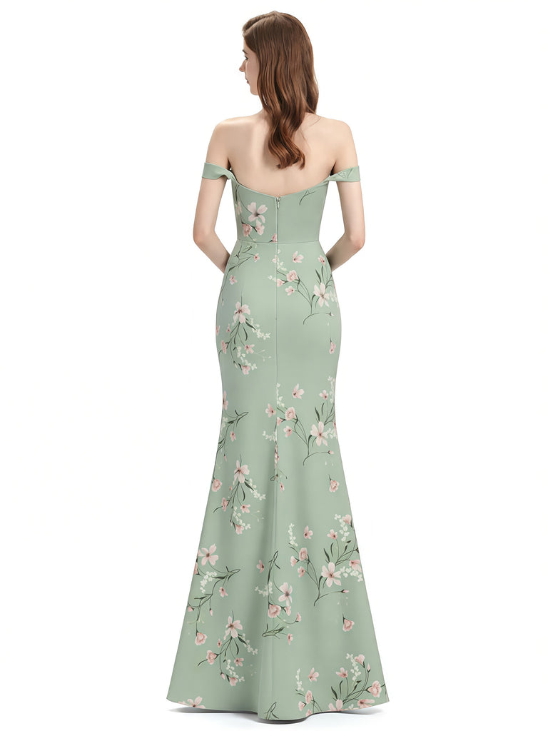 Elegant Off Shoulder Mermaid Side Slit Floral Satin Maxi Floral Formal Dresses For Women