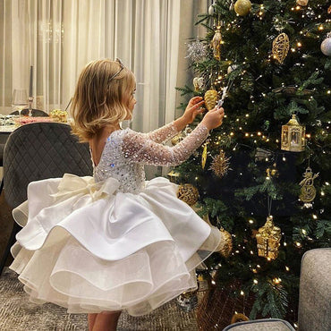 Cute White Sequins Lace Flower Girls Dresses Crew New Feather Knee Length Tutu A Line Girls' Party Gowns With Bow Tie