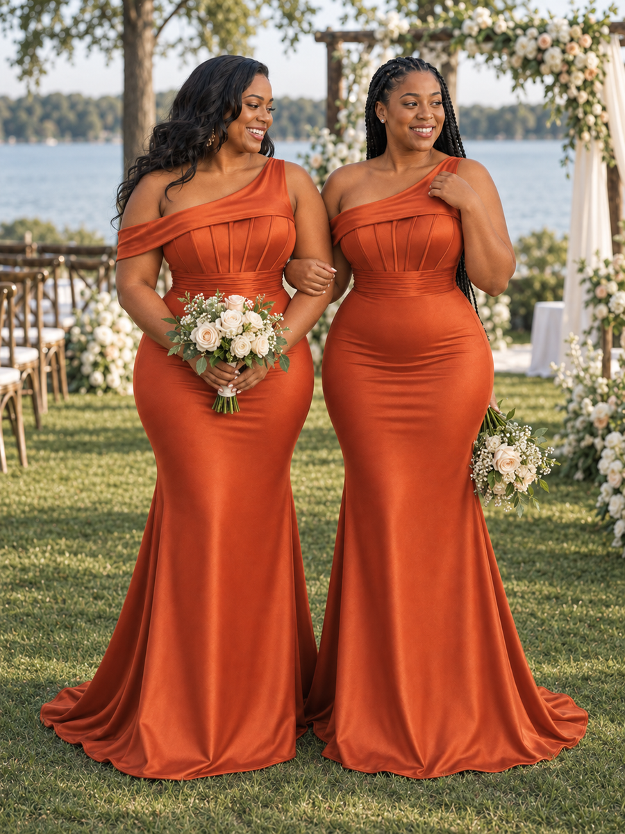 ChicSew Fancy Asymmetric Straps Mermaid Soft Satin Long Bridesmaid Dresses