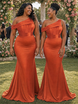 ChicSew Fancy Asymmetric Straps Mermaid Soft Satin Long Bridesmaid Dresses