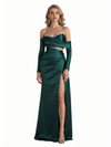 Sexy Asymmetrical Long Sleeves Silky Satin Side Slit Mermaid Long Formal Evening Dresses For Women