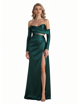 Sexy Asymmetrical Long Sleeves Silky Satin Side Slit Mermaid Long Formal Evening Dresses For Women