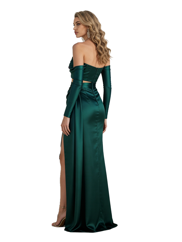 Sexy Asymmetrical Long Sleeves Silky Satin Side Slit Mermaid Long Formal Evening Dresses For Women
