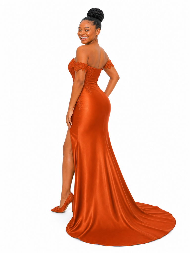 ChicSew Off Shoulder Lace Appliques Mermaid Soft Satin Long Bridesmaid Dresses