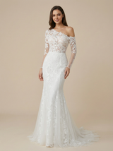 Mermaid Asymmetric Long Sleeves Lace Maxi Long Wedding Dresses