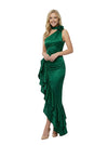 Sexy One Shoulder Ruched Satin Prom Gown with Halter and Asymmetric Ruffle Hem
