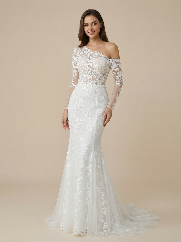 Mermaid Asymmetric Long Sleeves Lace Maxi Long Wedding Dresses