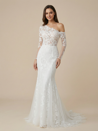 Mermaid Asymmetric Long Sleeves Lace Maxi Long Wedding Dresses