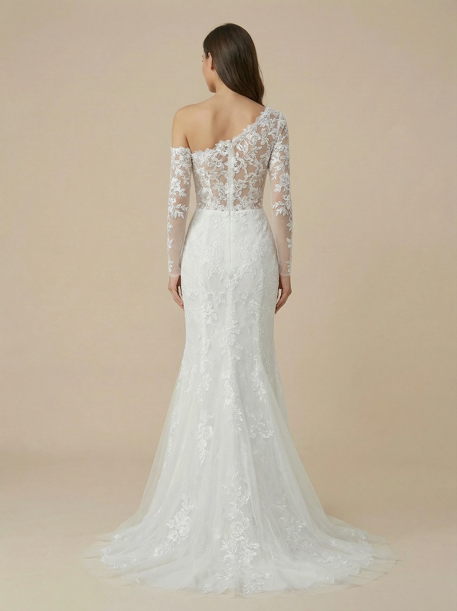 Mermaid Asymmetric Long Sleeves Lace Maxi Long Wedding Dresses