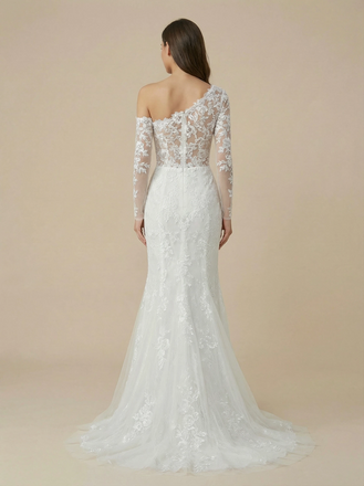 Mermaid Asymmetric Long Sleeves Lace Maxi Long Wedding Dresses