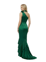 Sexy One Shoulder Ruched Satin Prom Gown with Halter and Asymmetric Ruffle Hem