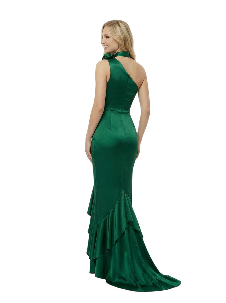 Sexy One Shoulder Ruched Satin Prom Gown with Halter and Asymmetric Ruffle Hem