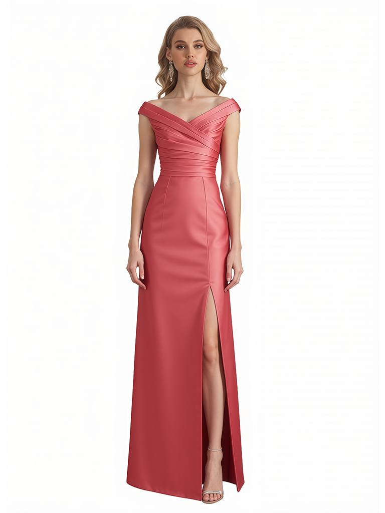 Sexy Cap Sleeves Silky Satin Side Slit Mermaid Long Formal Evening Dresses For Women