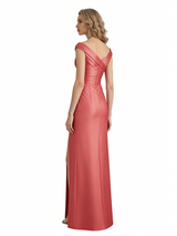 Sexy Cap Sleeves Silky Satin Side Slit Mermaid Long Formal Evening Dresses For Women