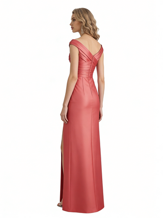 Sexy Cap Sleeves Silky Satin Side Slit Mermaid Long Formal Evening Dresses For Women