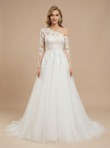 A-Line Asymmetric Long Sleeves Lace And Tulle Maxi Long Wedding Dresses