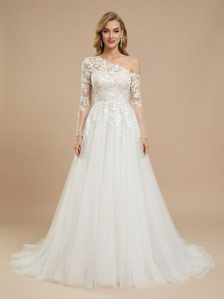 A-Line Asymmetric Long Sleeves Lace And Tulle Maxi Long Wedding Dresses - ChicSew A-Line Asymmetric Long Sleeves Lace And Tulle Maxi Long Wedding Dresses - ChicSew