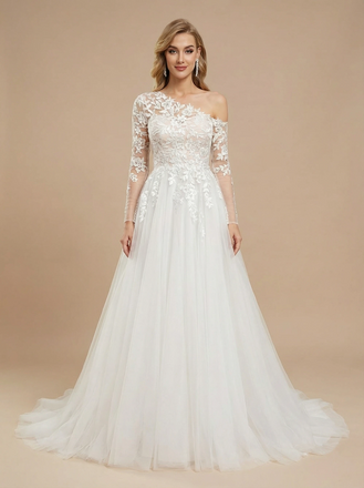 A-Line Asymmetric Long Sleeves Lace And Tulle Maxi Long Wedding Dresses