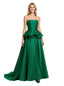 Classy Strapless A-Line Satin Evening Prom Dress featuring Flirty Peplum Waist