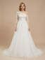 A-Line Asymmetric Long Sleeves Lace And Tulle Maxi Long Wedding Dresses