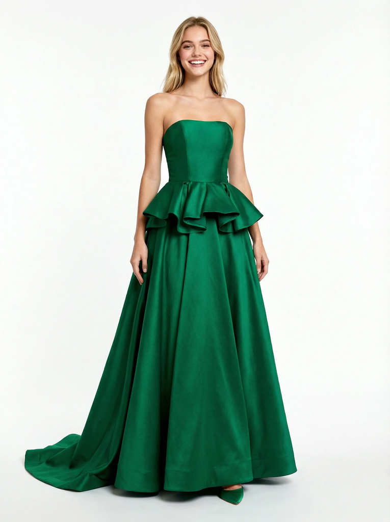 Strapless Satin A-Line Ruffles Modern Long Party Prom Dresses