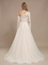 A-Line Asymmetric Long Sleeves Lace And Tulle Maxi Long Wedding Dresses