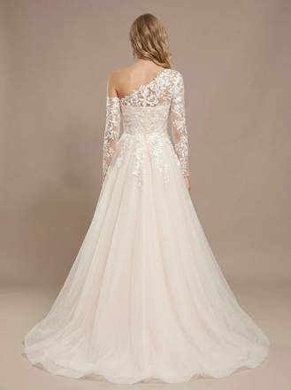 A-Line Asymmetric Long Sleeves Lace And Tulle Maxi Long Wedding Dresses