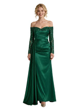 Glamorous Off The Shoulder Long Sleeve Mermaid Satin Prom Dress With Waist Drape