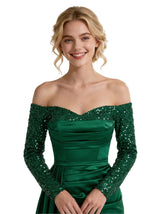 Glamorous Off The Shoulder Long Sleeve Mermaid Satin Prom Dress With Waist Drape