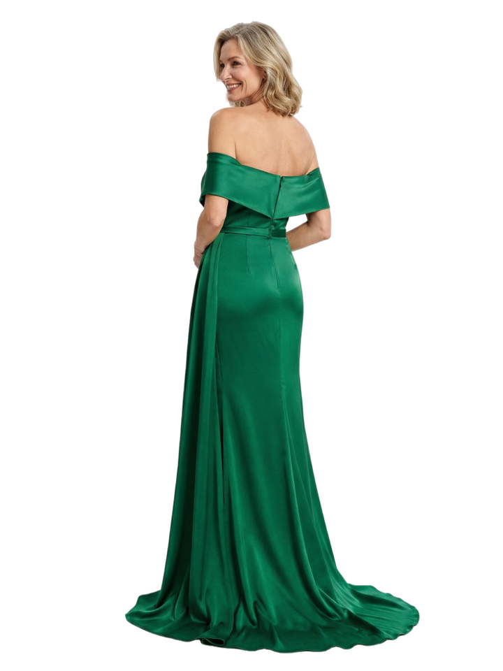Mother Of The Bride Off Shoulder Satin Mermaid Ruched Formal Bride Mother Wear With Side Slit
