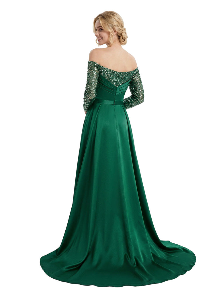 Glamorous Off The Shoulder Long Sleeve Mermaid Satin Prom Dress With Waist Drape