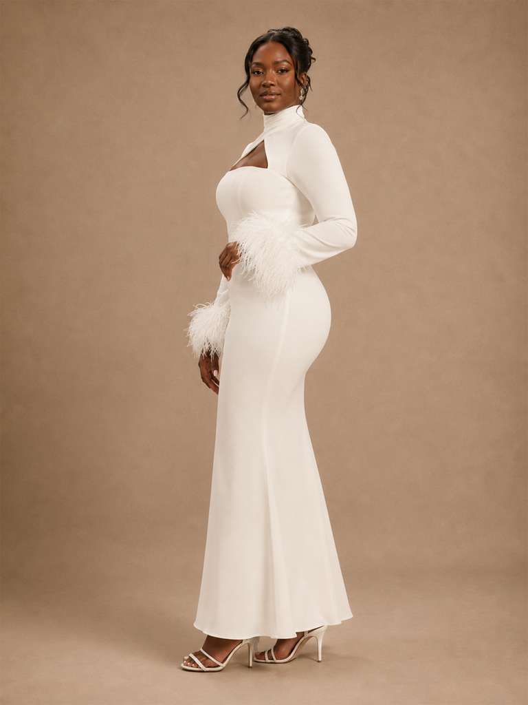 ChicSew Elegant Fancy Crepe High Neck Long Sleeves Mermaid Long Wedding Dress