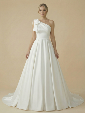 A-Line One Shoulder Bow Knot Sleeveless Maxi Long Satin Wedding Dresses Online