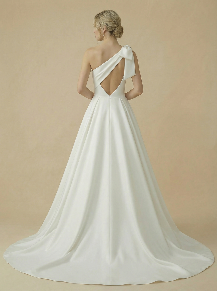 A-Line One Shoulder Bow Knot Sleeveless Maxi Long Satin Wedding Dresses Online