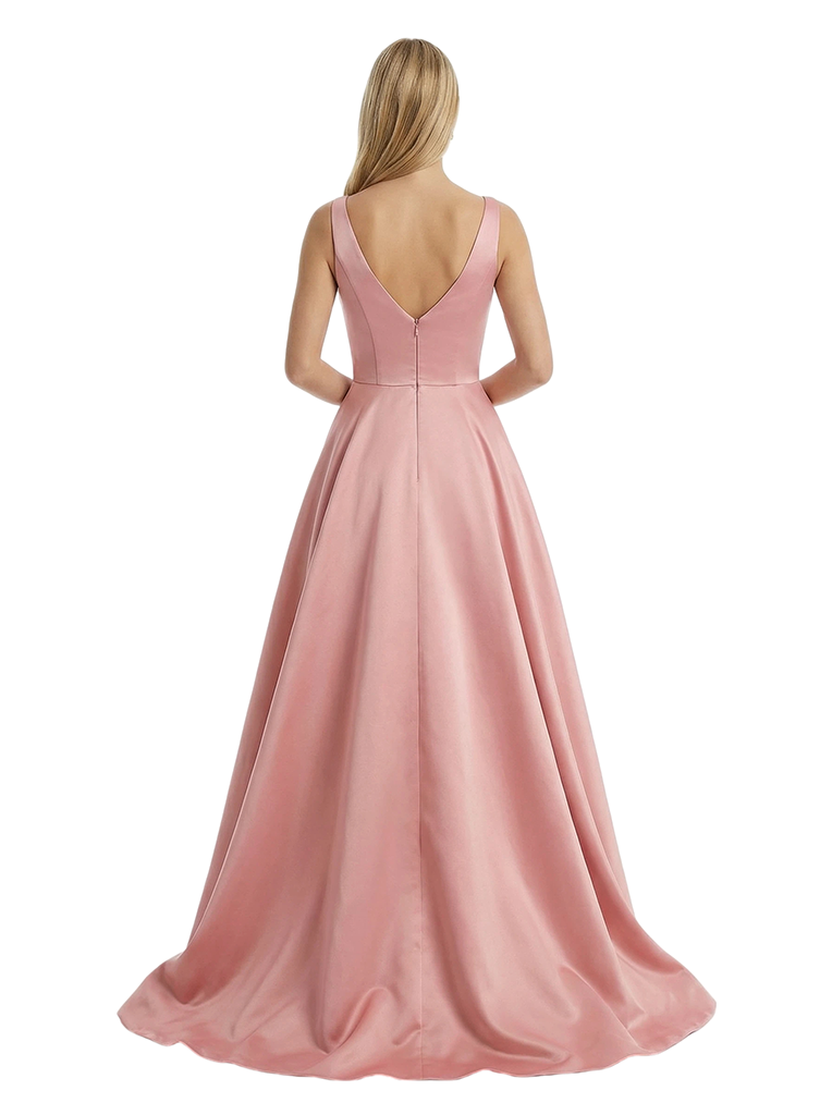 Elegant V-Neck A-Line Satin Floor-Length Prom Gown Minimalist Sleek Evening Dress