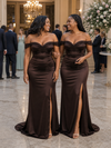 ChicSew Off Shoulder Mermaid Side Slit Ruching Soft Satin Long Bridesmaid Dresses