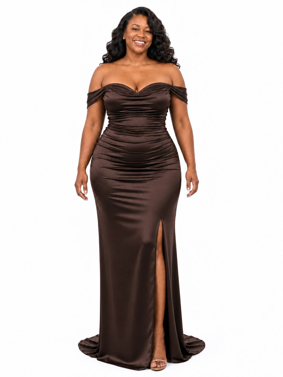 ChicSew Off Shoulder Mermaid Side Slit Ruching Soft Satin Long Bridesmaid Dresses — Flatter Your Figure