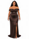 ChicSew Off Shoulder Mermaid Side Slit Ruching Soft Satin Long Bridesmaid Dresses