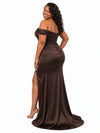 ChicSew Off Shoulder Mermaid Side Slit Ruching Soft Satin Long Bridesmaid Dresses