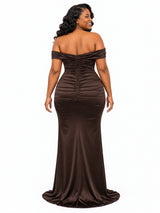 ChicSew Off Shoulder Mermaid Side Slit Ruching Soft Satin Long Bridesmaid Dresses