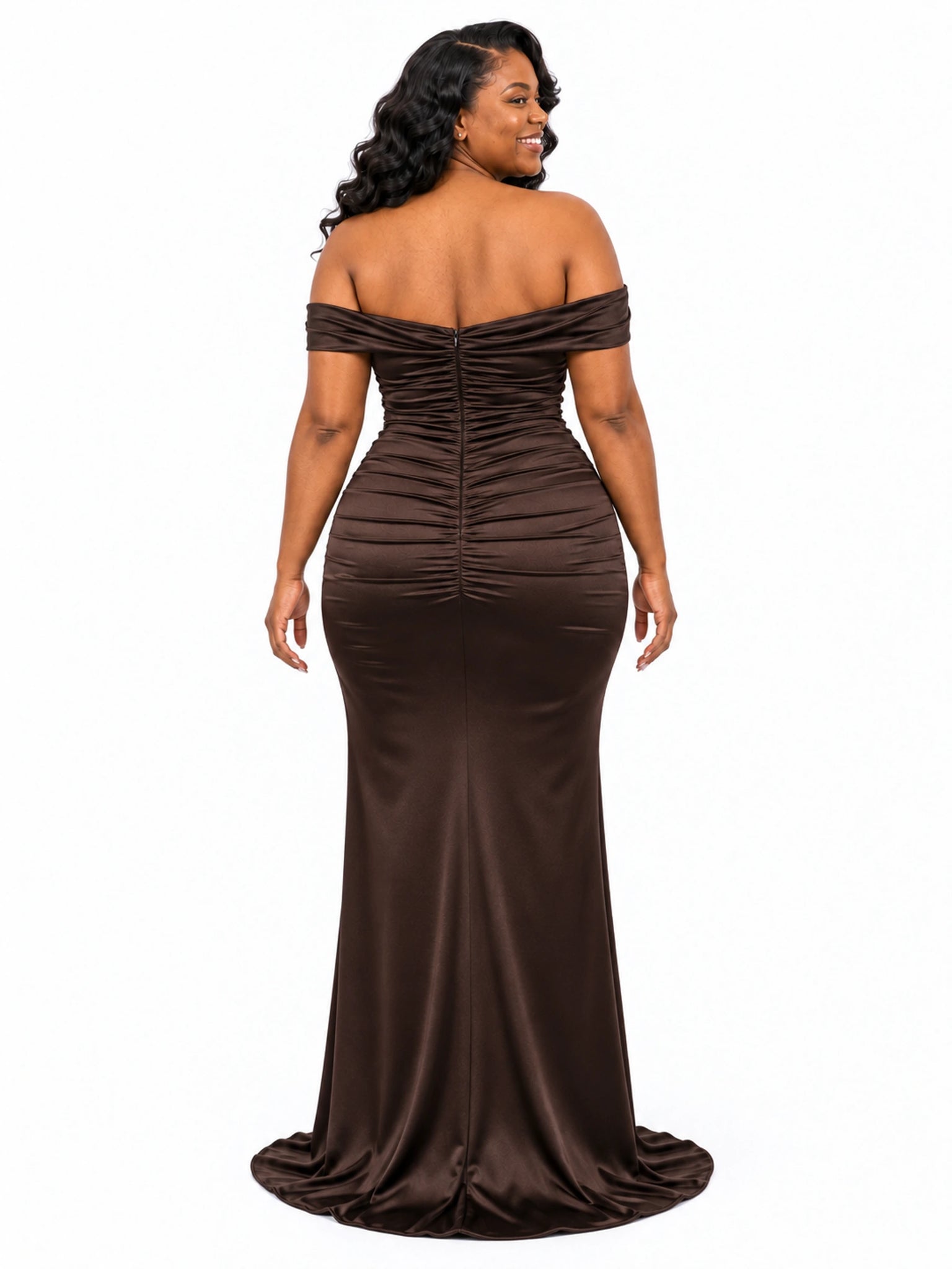ChicSew Off Shoulder Mermaid Side Slit Ruching Soft Satin Long Bridesmaid Dresses