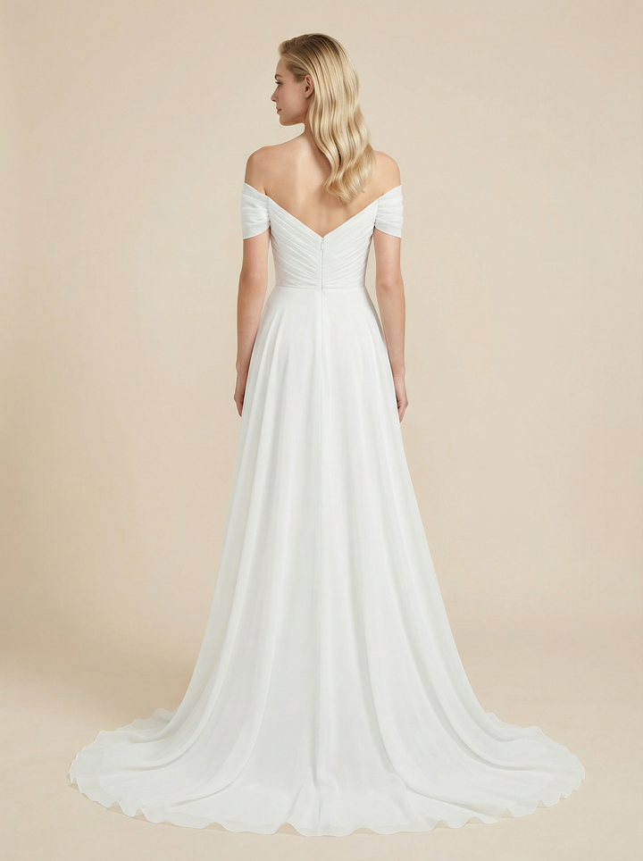 A-Line Off Shoulder Chiffon Maxi Long Wedding Dresses For Beach Wedding