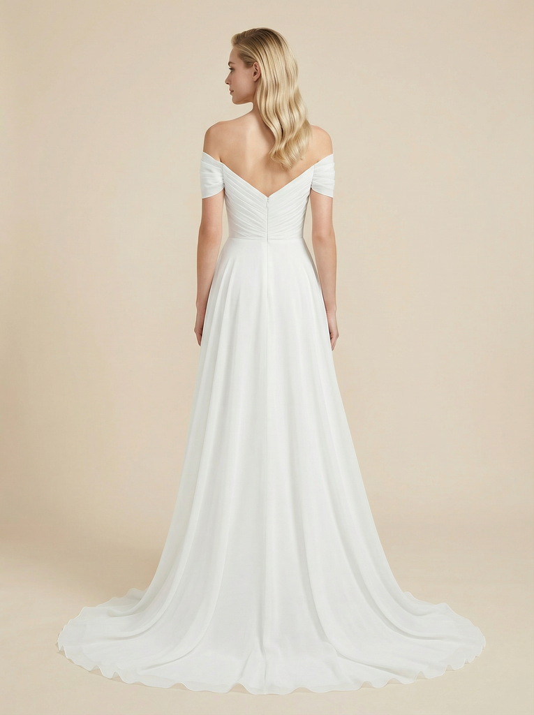 A-Line Off Shoulder Chiffon Maxi Long Wedding Dresses With Train