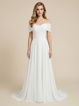 A-Line Off Shoulder Chiffon Maxi Long Wedding Dresses With Train