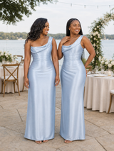 ChicSew One Shoulder Ruching Lace Up Back Mermaid Soft Satin Long Bridesmaid Dresses
