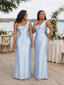 ChicSew One Shoulder Ruching Lace Up Back Mermaid Soft Satin Long Bridesmaid Dresses