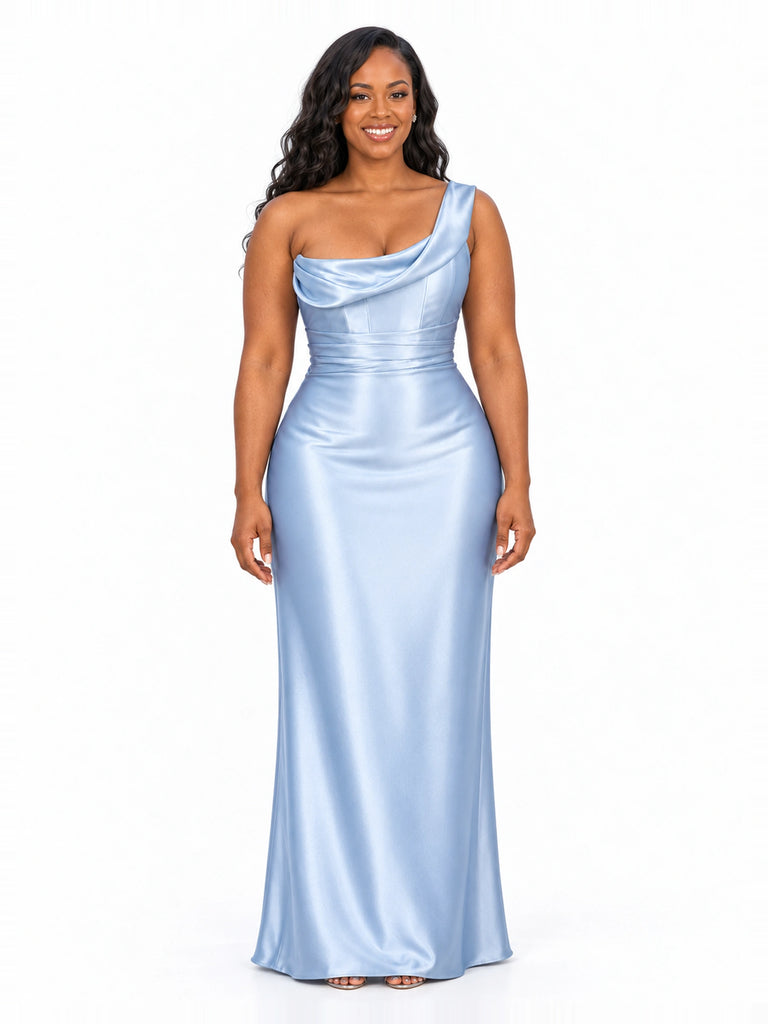 ChicSew One Shoulder Ruching Lace Up Back Mermaid Soft Satin Long Bridesmaid Dresses