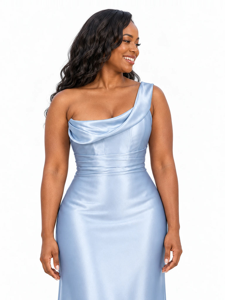 ChicSew One Shoulder Ruching Lace Up Back Mermaid Soft Satin Long Bridesmaid Dresses