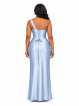 ChicSew One Shoulder Ruching Lace Up Back Mermaid Soft Satin Long Bridesmaid Dresses